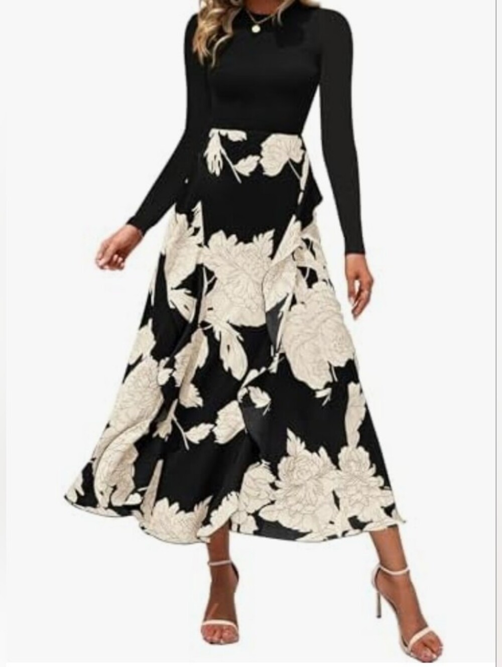 Black Cream Long Sleeve Floral Maxi Dress Large